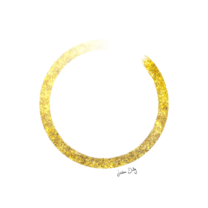 Enso dessiné par Justine Daly. Forme circulaire avec des paillettes dorées. On aperçoit les traits des poils du pinceau. Et le cercle est ouvert en haut à droite