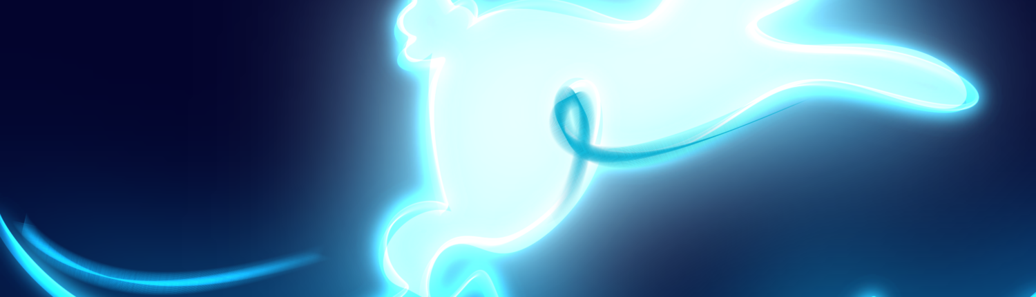 Dessin sur fond bleu très foncé, un lapin blanc façon "néon" fluoresçant qui bondit