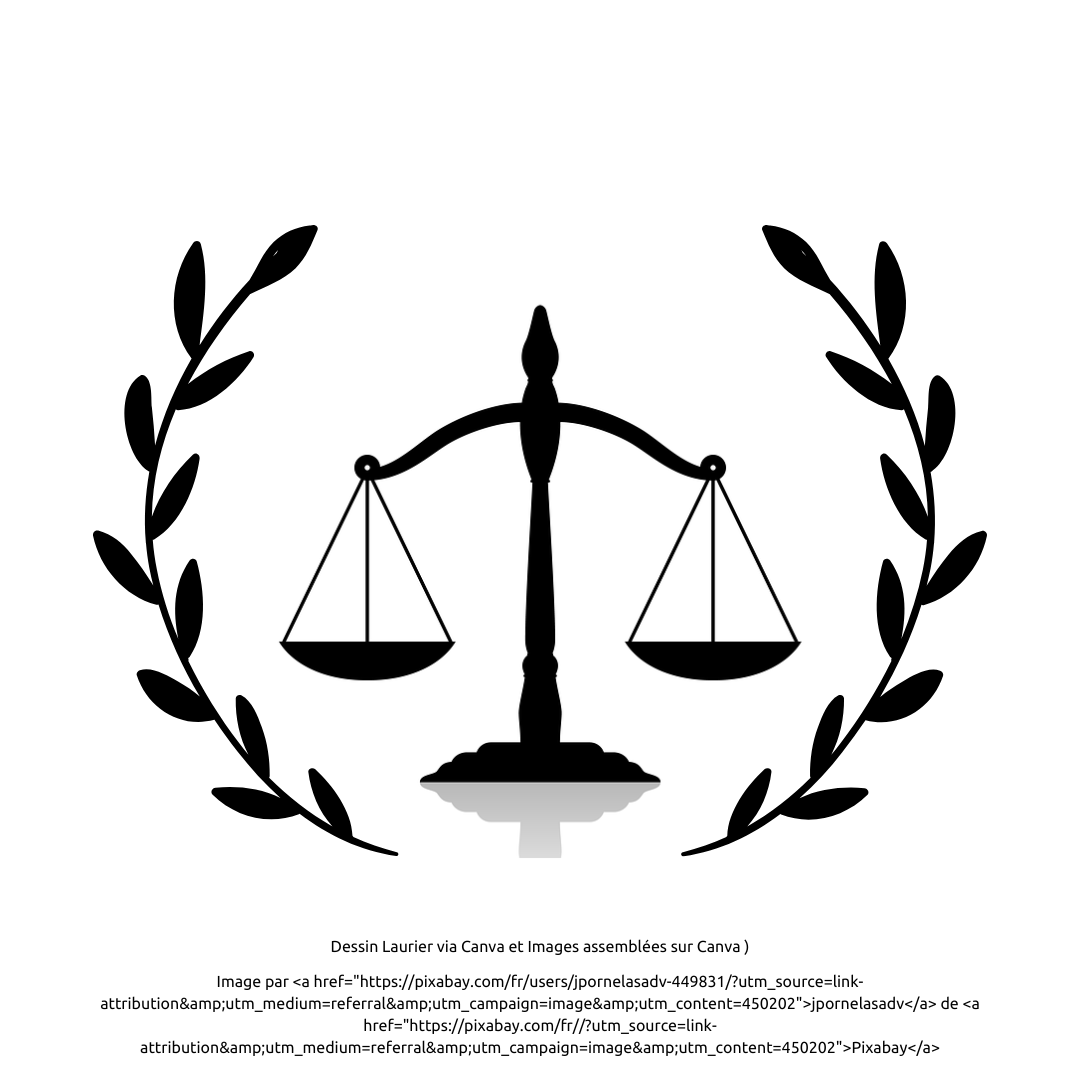 dessin d'un laurier noir en arc de cercle à gauche et à droite (image Canva). Et au centre une balance représentant la justice en noir (origine Pixabay). Assemblage des 2 et en dessous texte qui indique la provenance des dessins.