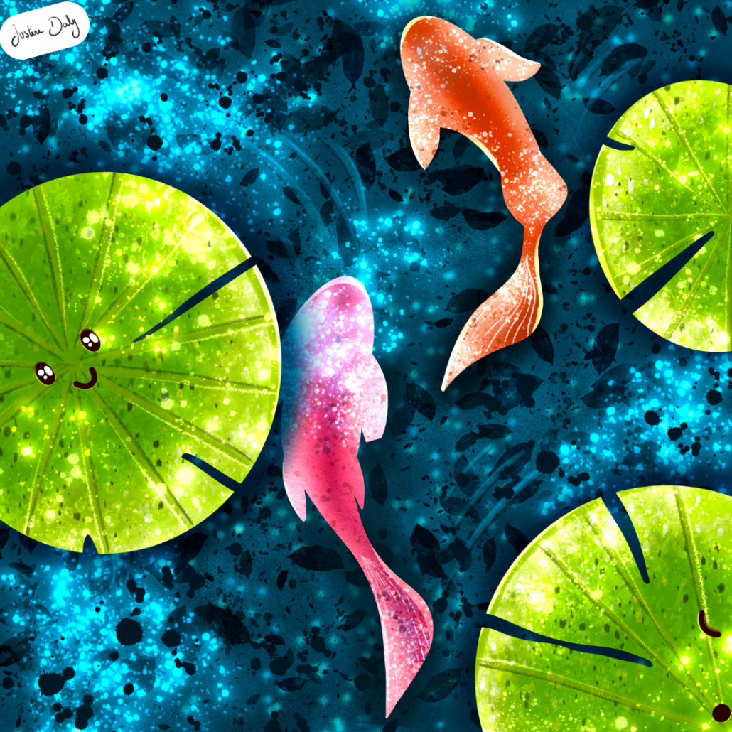 dessin réalisé par Justine Daly : vue de dessus un bassin naturel. Des nénuphars, deux carpes Koi une orangé et beige et une rose et beige qui sont en mouvement dans l'eau. La carpe de gauche (rose) est ombragée par le nénuphar qui se situe au dessus.