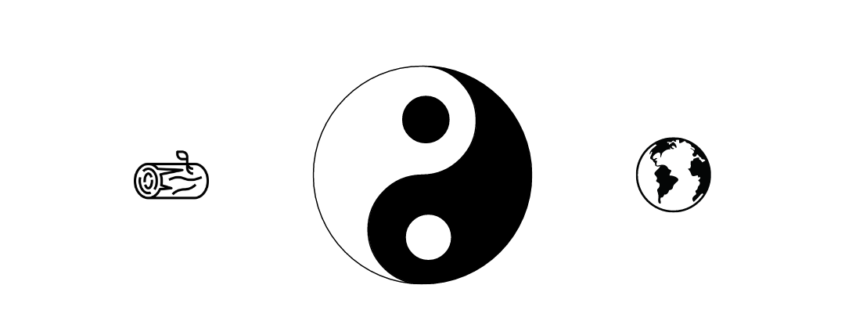 image carrée avec un fond blanc. Au centre, le dessin du yin et du yang. A gauche, un dessin de bois, en haut, un dessin de feu, à droite un dessin de Terre, en bas à droite un dessin de métal et en bas à gauche un dessin d'eau