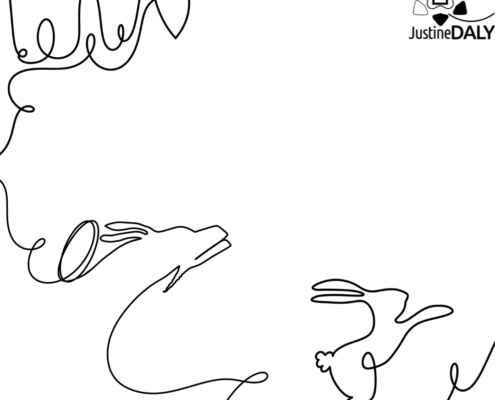 J'ai dessiné d'un seul trait 3 différents animaux du Zodiaque Chinois : à gauche en haut un Serpent, en bas à droite, un Dragon qui vol en direction du coin en haut à droite et en bas à droite, un lapin qui rebondit. Mon logo en noir et blanc (une fleur) est situé dans le coin en haut à droite du dessin
