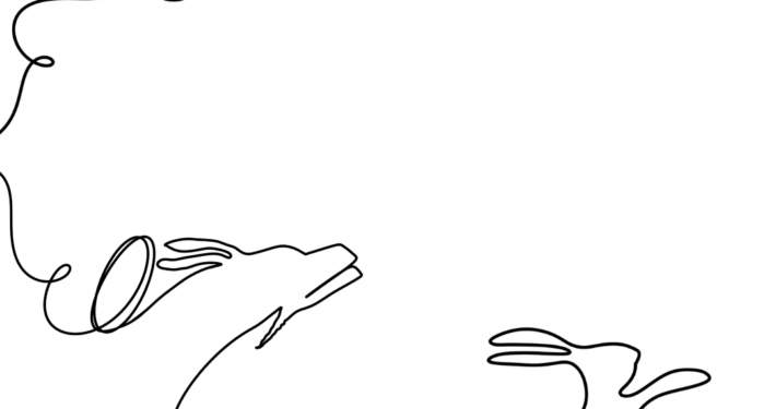 J'ai dessiné d'un seul trait 3 différents animaux du Zodiaque Chinois : à gauche en haut un Serpent, en bas à droite, un Dragon qui vol en direction du coin en haut à droite et en bas à droite, un lapin qui rebondit. Mon logo en noir et blanc (une fleur) est situé dans le coin en haut à droite du dessin