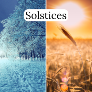 Image carrée divisée en 2 pour une représentation en photo de chaque solstice. A gauche, une photo prise l'hiver d'un parc avec le sol et les arbres recouverts de neige. Et à droite, la photo en plein été avec le soleil en fond au centre et le ciel jaune orangé et un champs de blé doré. Un titre centré sur fond blanc : Solstices. Création de Justine Daly