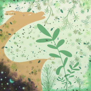 Jia Chen - 2024 énergies du Dragon de Bois : image carré fond vert clair avec des plantes et des feuilles qui volent de partout. En bas à droite une grande plante vert foncée monte vers le dragon qui arrive de la gauche. Un dragon couleur terre, dans son aile en bas à droite de l'eau connectée à l'invisible_ Bazi-AstrologieChinoise
