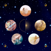 Quel sport choisir grâce à l’astrologie chinoise (Bazi) ; le fond de l'image carrée est un ciel étoilé bleu nuit avec des étoiles qui scintillent. Au centre, un le dessin doré d'un cercle séparé en deux, dont la partie de droite représente le rayonnement du soleil et à gauche la lune noire. 5 bulles dans lesquelles il y a une image qui représente un sport. Et aux 4 coins de l'image, un dessin yin-yang doré