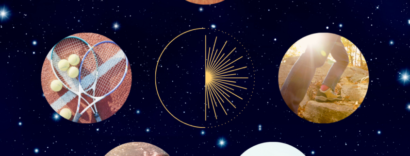 Quel sport choisir grâce à l’astrologie chinoise (Bazi) ; le fond de l'image carrée est un ciel étoilé bleu nuit avec des étoiles qui scintillent. Au centre, un le dessin doré d'un cercle séparé en deux, dont la partie de droite représente le rayonnement du soleil et à gauche la lune noire. 5 bulles dans lesquelles il y a une image qui représente un sport. Et aux 4 coins de l'image, un dessin yin-yang doré