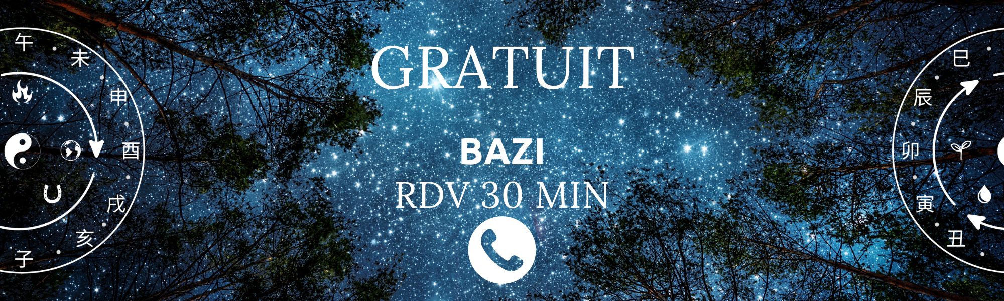 Bannière : photo ciel étoilé entouré de sapins avec en texte : Bazi - Astrologie Chinoise - Rdv Gratuit